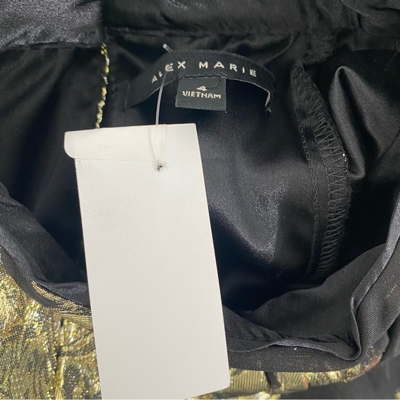 Alex Marie Black Gold Mock Neck Puff Sleeve Midi Dress Belted Pockets Cocktail - Picture 14 of 16